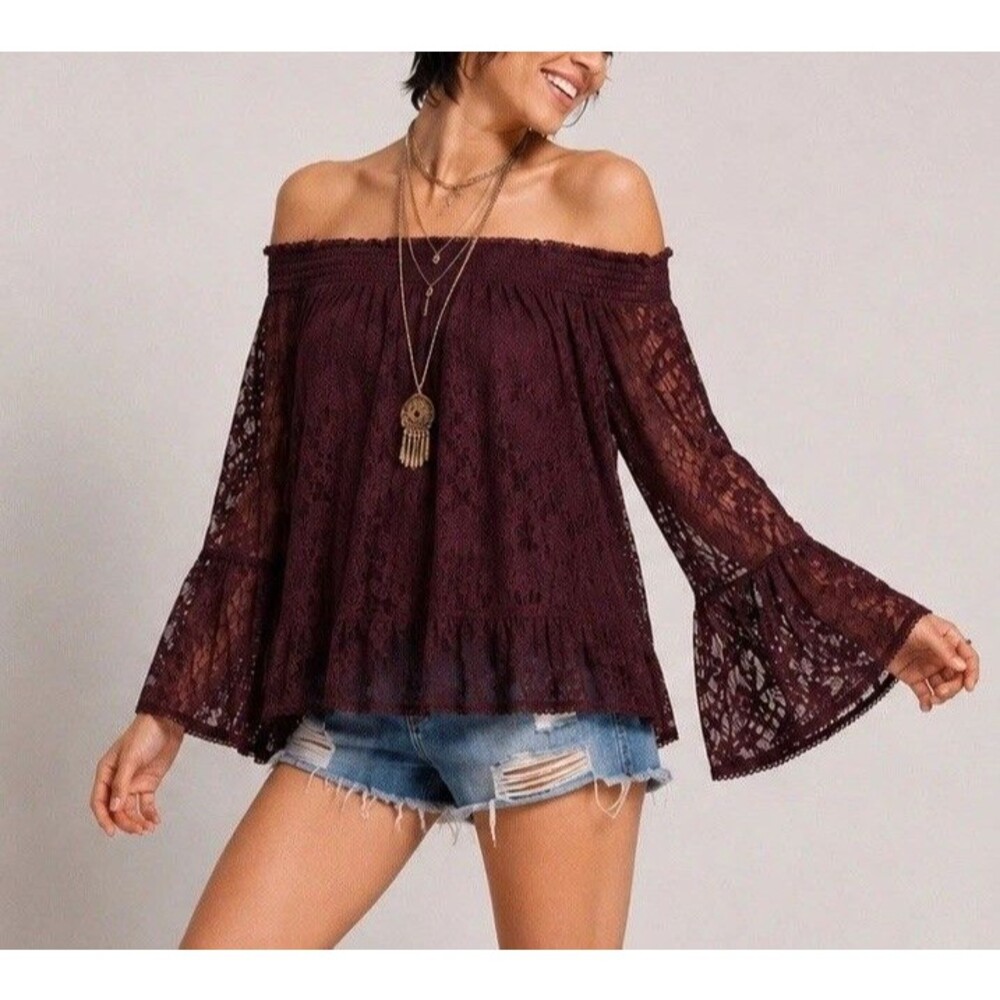 Altar'd State Top Whimsigoth Lace Off Shoulder Bell Sleeve Boho Burgundy Women M